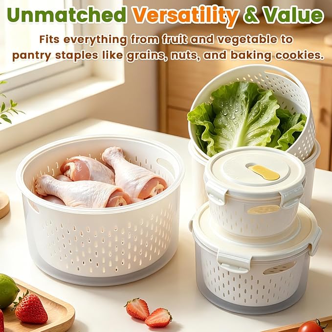 TBMax 8 Pieces Airtight Fruit Storage Containers for Fridge with Air Circulation Vent, 4 Pack Round Produce Saver with Colander for Berry Lettuce Salad Vegetable Storage, Refrigerator Organizers -Red