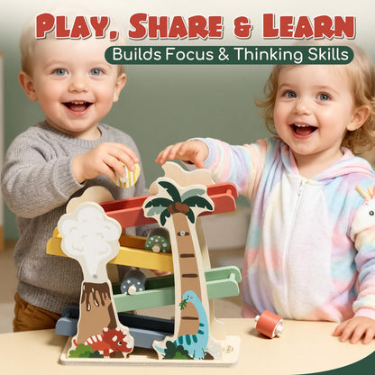Lehoo Castle Wooden Car Ramp Toys for 1 Year Old Boy Birthday Gifts, Dinosaur Montessori Toys for 1 2 Year Old, Wooden Race Track with 4 Rollers Toddler Toys for 2 Year Old Boy