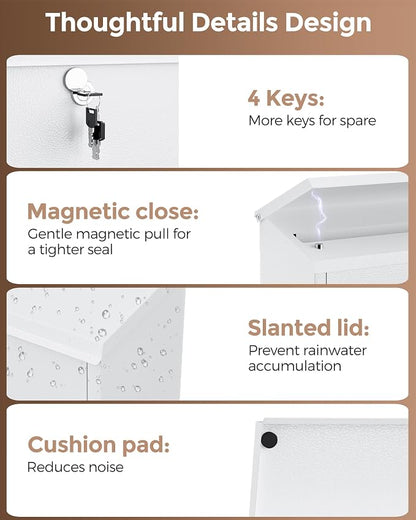 LAND·VOI Locking Wall-Mount Mailbox for Outside, with 4 Keys, Galvanized Steel Rustproof Metal Postbox, 4" Dx13.8 Wx11.2 H, Includes 3 Sets of Mailbox Numbers, Nameplate, White