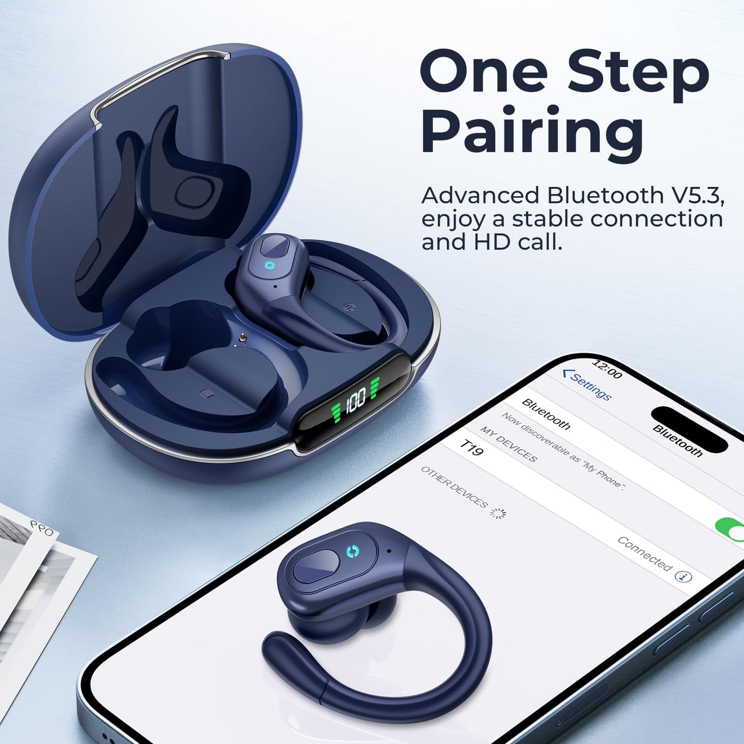 occiam Active Noise Cancelling Earbuds Wireless Bluetooth Headphones Ear Buds 90Hrs Playback Stereo Bass Earphones with Mic Over-Ear Hooks IPX7 Waterproof Headset for Work Sports Running Gym Deep Blue
