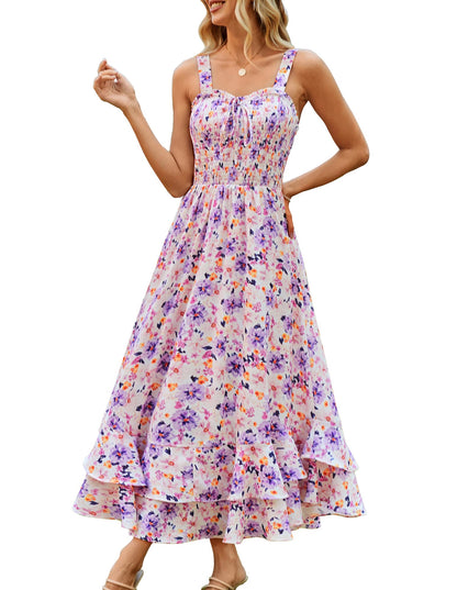 GRACE KARIN Women's 2025 Summer Floral Boho Dress Square Neck Strapped Swing A Line Sundress Beach Long Maxi Outfits