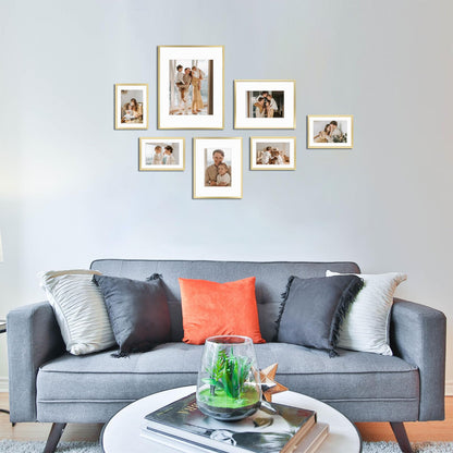 Golden State Art, Aluminum Gallery Wall Frame Set of 7 - Includes One 11x14, Two 8x10, and Four 5x7 - Metal Frames with Mat & Real Glass Cover for Elegant Home or Office Decor (Style 2, Gold)