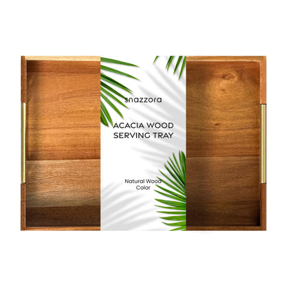 SNAZZORA Acacia Wood Large Serving Tray with Golden Steel Handles 18" x 13" - for Coffee Table, Ottoman in Living Room, Breakfast in Bed, Jewelry, Decorative, BBQ, Charcuterie