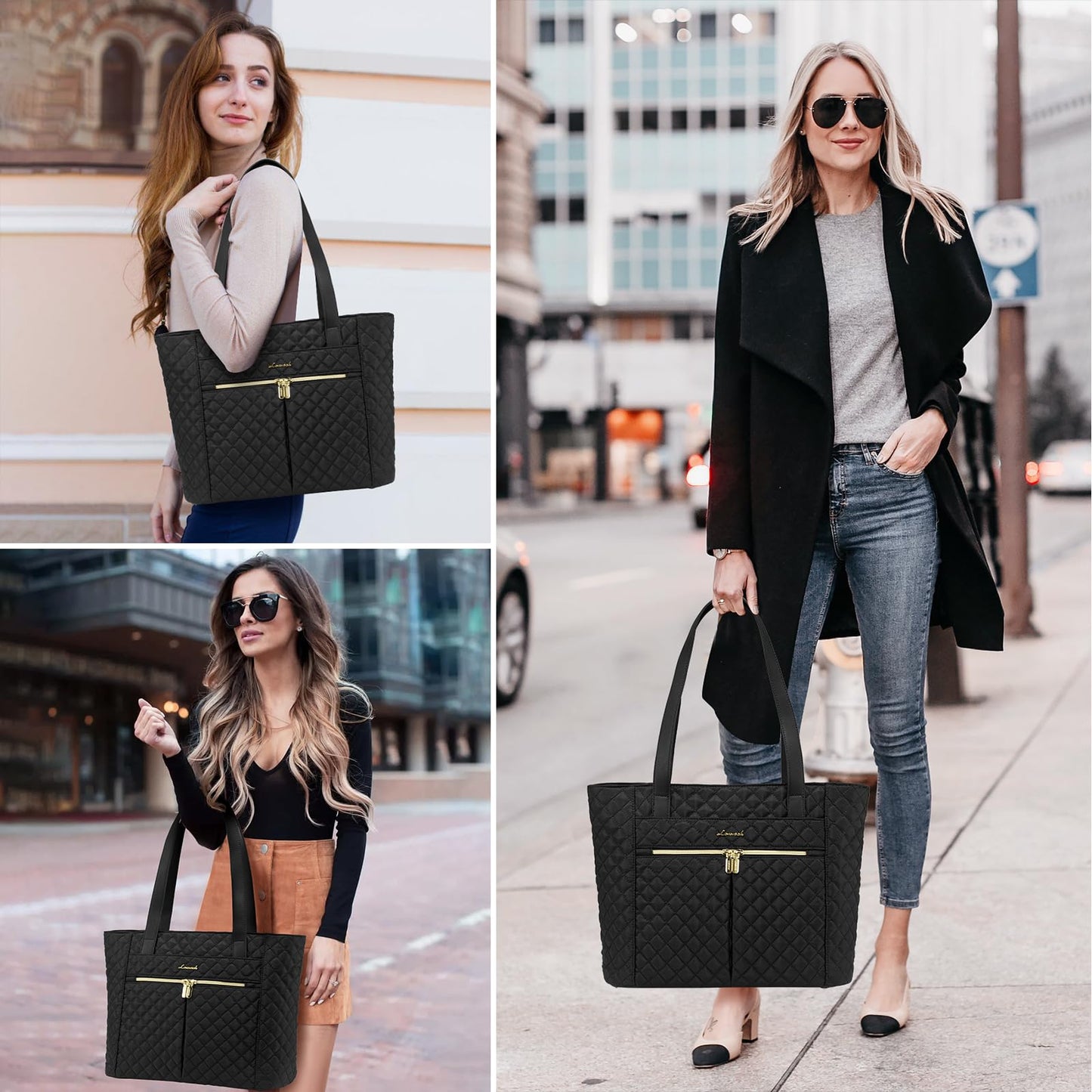 LOVEVOOK Laptop Bag for Women 15.6 inch,Diamond Quilted Work Tote Bags Womens Laptop Tote Computer Shoulder Bags,Stylish Travel Tote Bags Laptop Purse Case Briefcase Handbag with Clutch Bag,Black