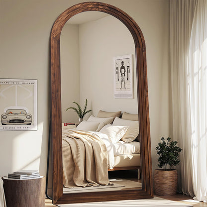Antok Full Length Mirror with Solid Wood Frame, 76"×34" Wall Mounted Oversized Floor Mirror with Stand, Leaning Standing Hanging for Bedroom Living Room Entryway, Walnut, Arched Syle