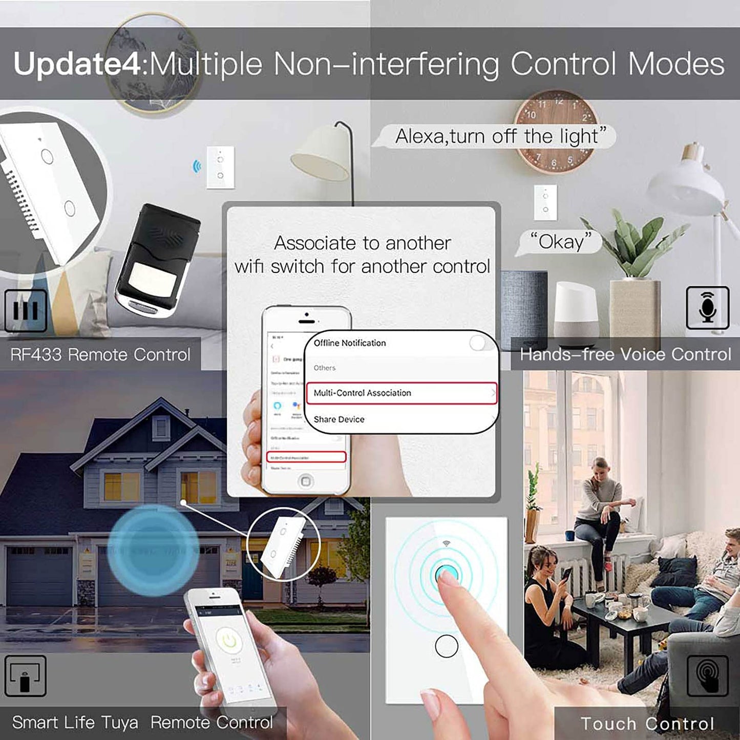 MoesGo WiFi Smart Wall Light Switch,Glass Panel, Multi-Control(3 Way), 2.4GHz Wi-Fi Touch Switches, Neutral Wire Required, Remote Control Smart Life/Tuya App, Work with Alexa, Google Home White 1 Gang