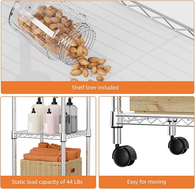 M MZG Storage Shelves Adjustable, 4 Tier Shelving Units for Storage with Wheels, Corrosion Resistant Wire Shelving Unit for Kitchen Closet Bathroom Office, Chrome 11.8" D x 11.8" W x 48.1" H