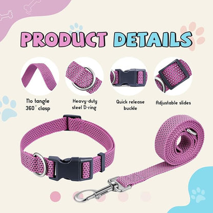 Reflective Dog Collar and Leash Set, Nylon Dog Leash with Heavy-Duty Steel D-Ring, Adjustable with Quick Release Buckle for Large Dogs, Purple L