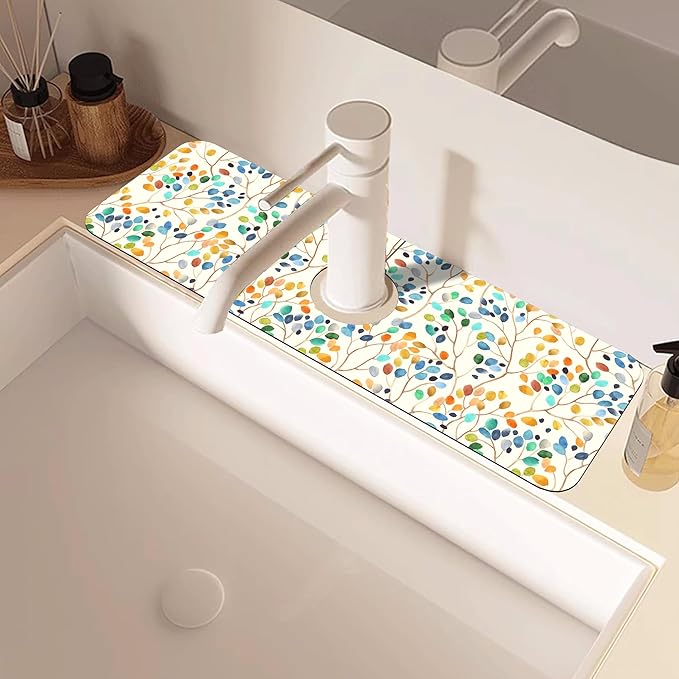 Abstract Watercolor Leaves Sink Faucet Absorbing Mat Sink Splash Guard Faucet