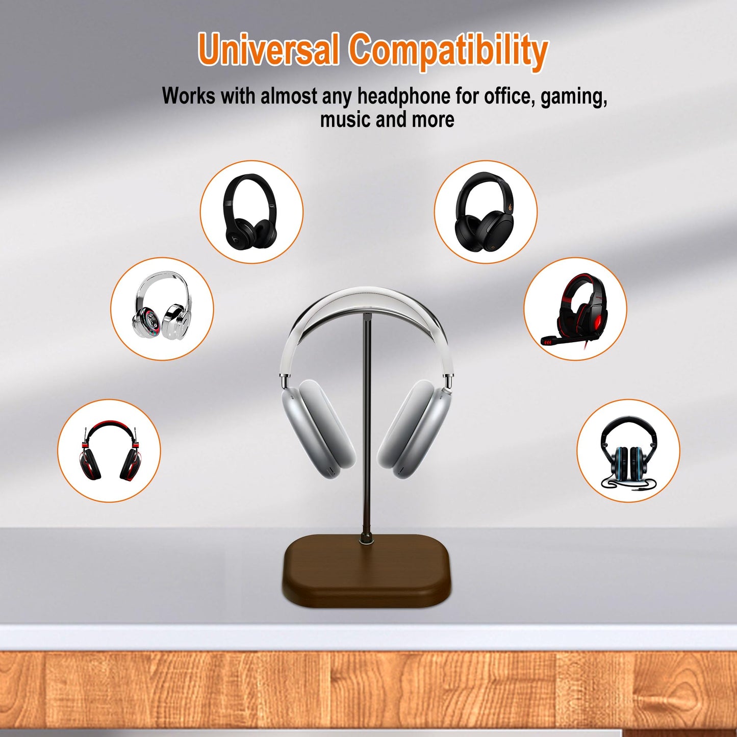 JE Walnut Headphone Stand for Desk- Universal Wood&Aluminum Headset Stand Metal Gaming Headphone Holder with Heavy Duty Base for AirPods Max, Xbox One, Sony, Beats, Most Music Headphones(Sliver)