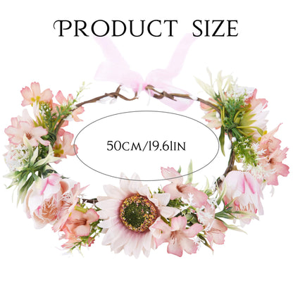 KorViSHOW Pink Sunflower Flower Crown Headband, Artificial Fairy Daisy Floral Headpiece, Adjustable Fairy Woodland Headband for Women Girls Renaissance Birthday Bride Wedding Party Hair Accessories
