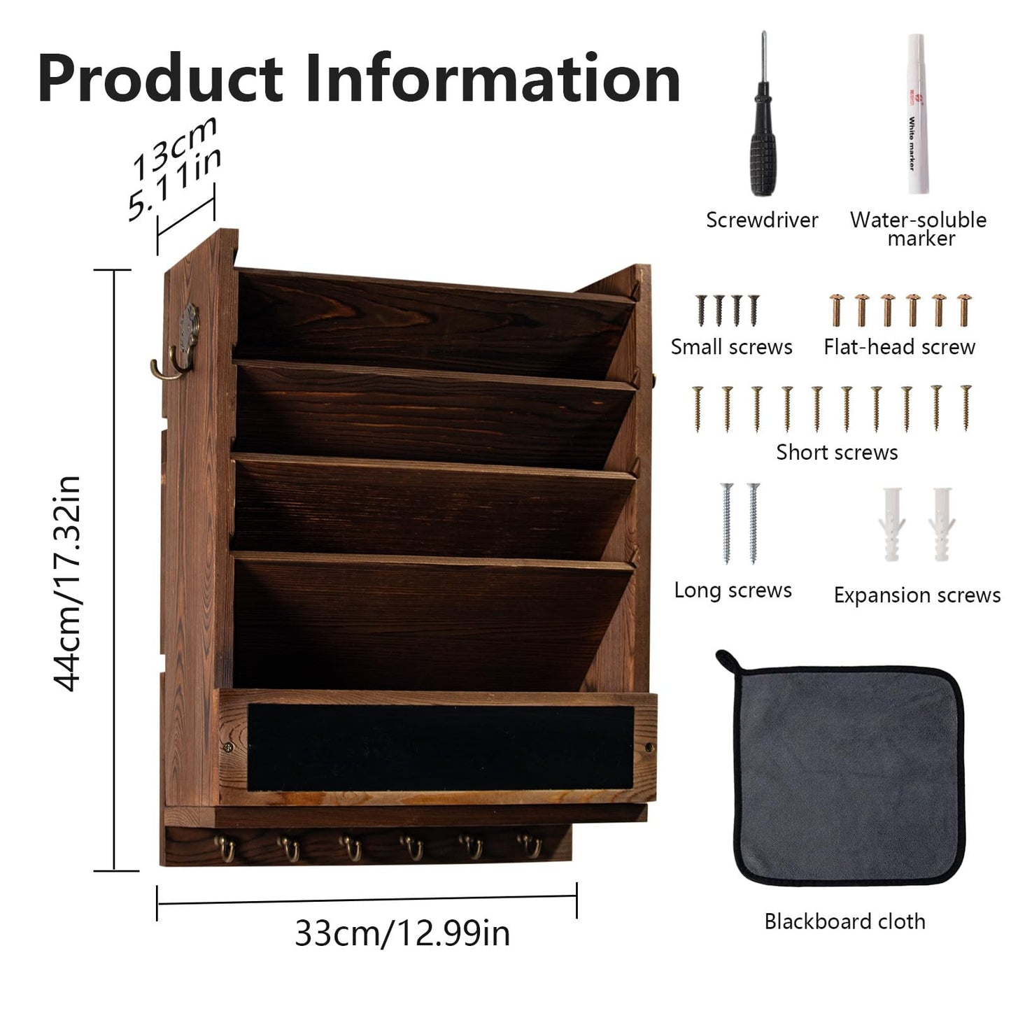 Craftmastudio Rustic wall mail organizer,Key and Mail File Holder for Wall Mount，with 6 Key Hooks 2 Double Key Hooks A blackboard,for Home,Office, Classroom,Entryway Decor (brown)