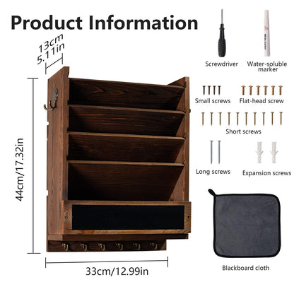 Craftmastudio Rustic wall mail organizer,Key and Mail File Holder for Wall Mount，with 6 Key Hooks 2 Double Key Hooks A blackboard,for Home,Office, Classroom,Entryway Decor (brown)