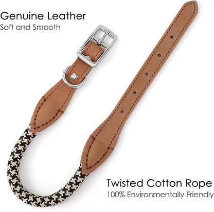 Mile High Life Genuine Leather Dog Collar, Durable Braided Cotton Rope Collar with Metal Pin Buckle for Small Medium Large Dogs (Black Khaki, S Neck 11"-15")