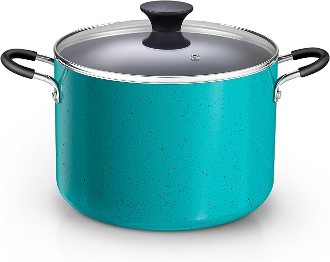 Cook N Home Professional 8 Quart Non Stick Stock Pot with Lid, Riveted Handles, Big Soup Pot for Holiday Feasts, Stockpot with Even Heating, Induction Cookware, Oven & Dishwasher Safe, Turquoise