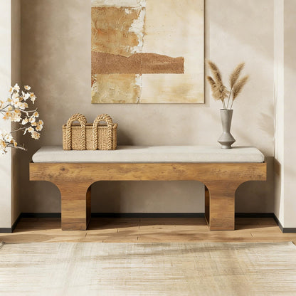 LITTLE TREE 55.2" Dining Bench with Linen Cushion, End of Bed Upholstered Bench, Farmhouse Entryway Bench for Hallway, Living Room, Bedroom, Kitchen
