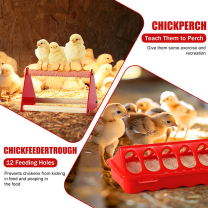 7PCS Chick Feeder and Waterer Kit with Wooden Perch,Baby Poultry Starter Set with Chick Perch for Small Poultry Chicks Ducks Quail Pigeons Birds(Red Chick Feeder Waterer Kit)