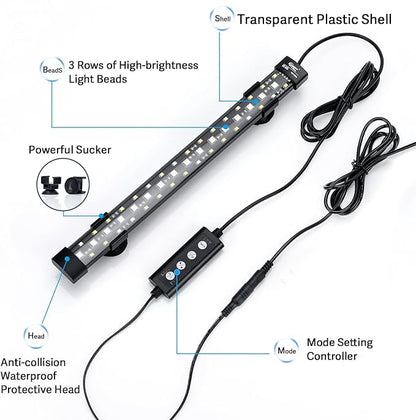 hygger 24/7 Mode Submersible Aquarium LED Light, Full Spectrum Hidden Fish Tank Light with 3 Rows Beads 7 Colors Auto On Off Sunrise-Daylight-Moonlight, Adjustable Timer Brightness