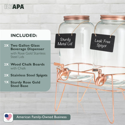 Ilyapa Rose Gold Double Glass Beverage Dispenser with Stand - 2 Gallon Large Drink Dispensers for Parties with Stainless Steel Spigot For Drinks