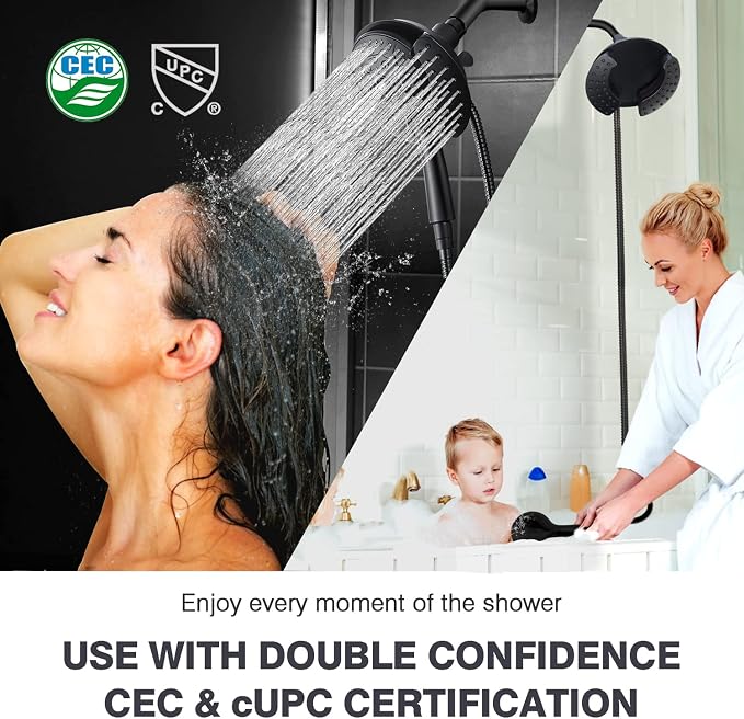 INAVAMZ Shower Head with Handheld High Pressure: Hand Held Shower Head & Rain Shower Head 2-IN-1 Shower Head with 59" Rotatable Stainless Steel Hose, Shower Trim Systems, Black 1.8 GPM 15391