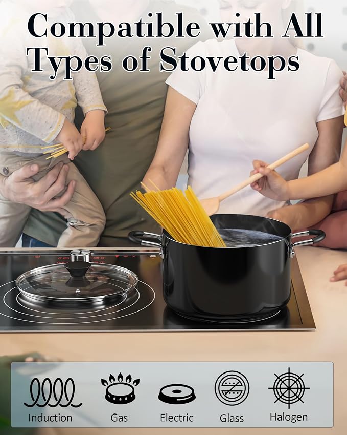 Cook N Home Professional 6 Quart Nonstick Stock Pot with Lid, Riveted Handles, Soup Pot for Holiday Feasts, Stockpot with Even Heating, Induction Cookware, Oven & Dishwasher Safe, Black