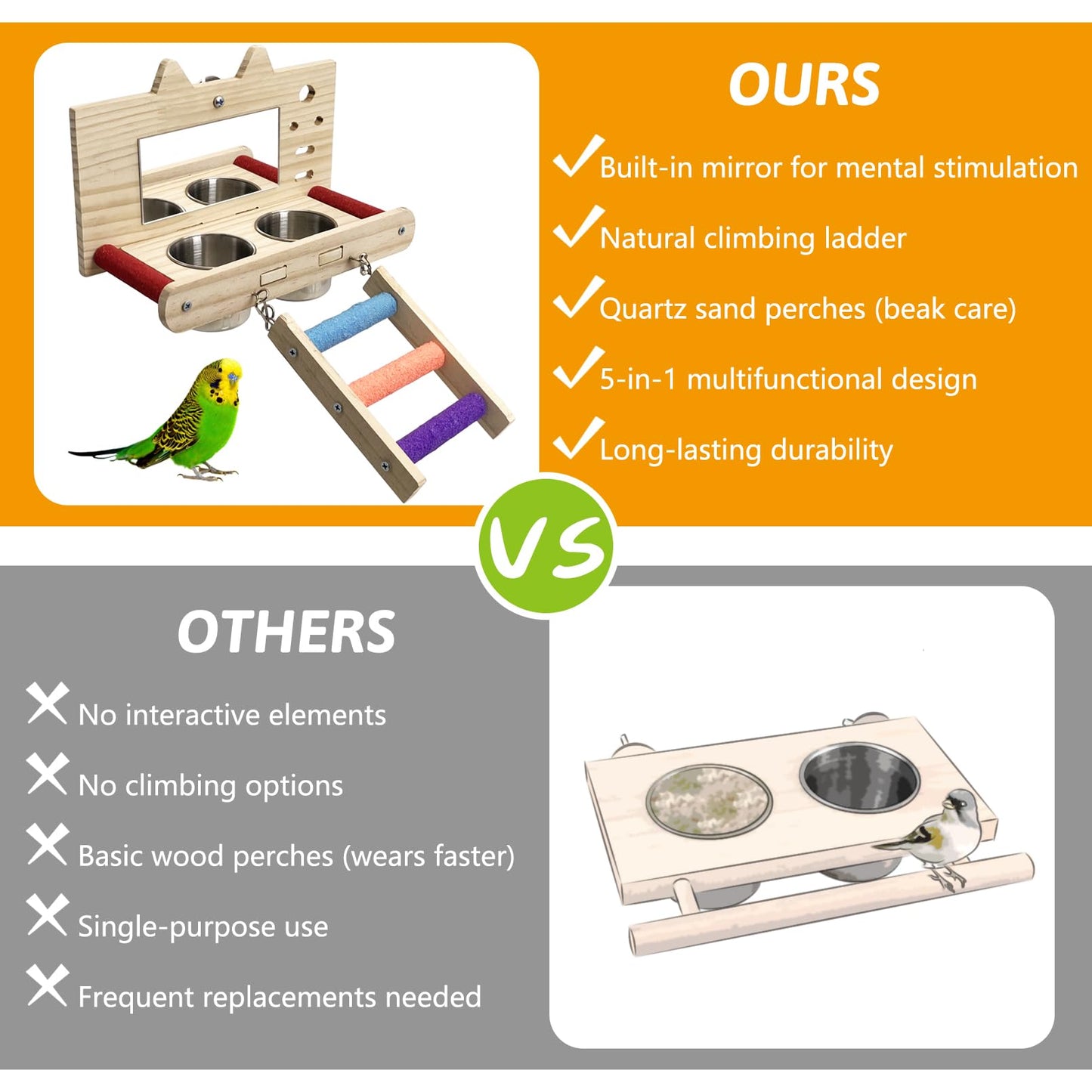 Tfwadmx Bird Food Stainless Steel Cups Wooden Perch Stand with Ladder Hanging Feeder Bowls Feeding and Watering Supplies for Parakeets Conures Cockatiels Budgie Parrot