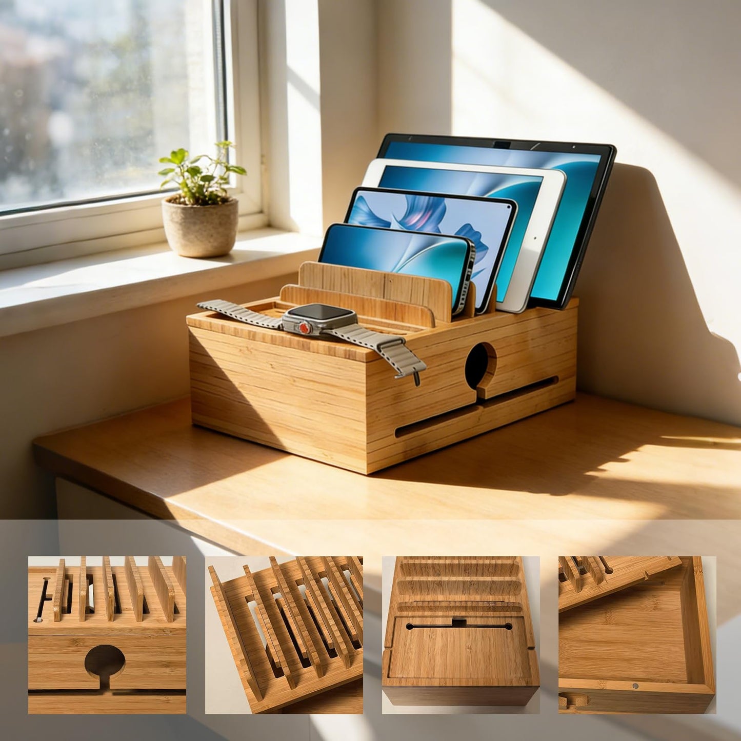 PERFECYEE Bamboo Charging Station Organizer for Multi-Devices with Tray, Nightstand Desk Electronic Organizer Stand for Cell Phone, Tablet, Etc (with 5-Cable, No USB Charger)