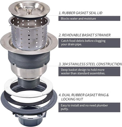 3-1/2 Inch Sink Drain Assembly Kit, Removable Deep Sink Strainer Basket