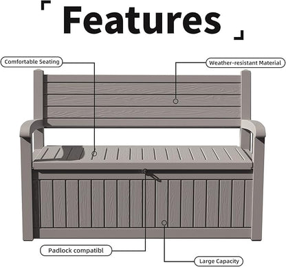 80 Gallon Outdoor Storage Bench Deck Box Waterproof Lockable,Outdoor Storage Furniture for Patio,Garden and Porch,Tools and Cushions（Grey Stripe）