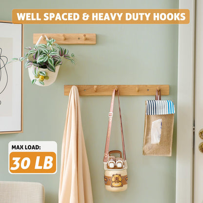 Wall Mounted Coat Rack 12 inches, Hickory Wood Wall Coat Hooks with 3 Hooks, Wooden Coat Hanger for Hanging Clothes Robes Towels Hats, Natural
