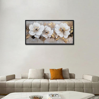 Large Framed Cream White and Gold Abstract Floral Paintings Modern Canvas Wall Art Flower Print Artworks for Home Office Decor