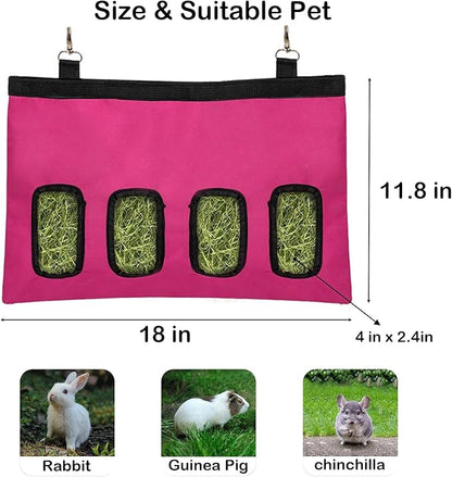 Rabbit Hay Feeder Bag, Large Capacity Rabbit Hay Bag Small Animal Hanging Hay Bag 600D Oxford Cloth Bunny Hay Feeder Bag for Rabbits Guinea Pigs Chinchillas (Rosered-4 Holes-1Pcs)