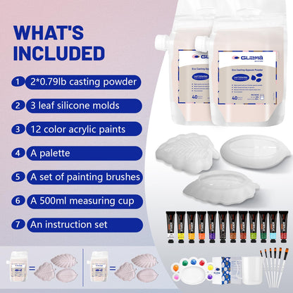 Glizma Complete Gypsum Casting Powder Kit 2 Sets 6 Leaf Trays, Home Decor DIY Beginners Crafts Kits Adults Women, Water Activated, Fast Curing, Date Night Painting Kit(Acrylic Paint Inclueded)