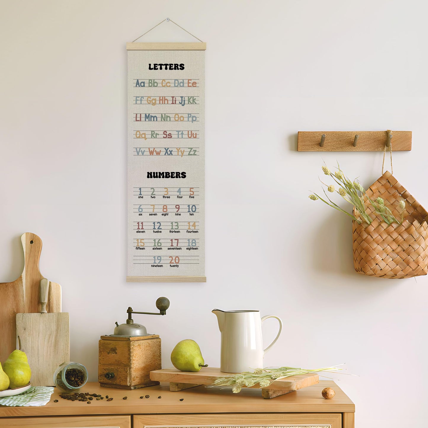 TLESKE Alphabet Number Chart Classroom Wall Art Poster, ABC Letters Education Wall Decor Hanging Poster with Hanger Frame for Classroom Homeschool, Toddlers Kids Room Prints Picture Banner, 12x35