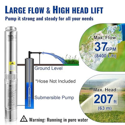VEVOR Deep Well Submersible Pump, 1HP 115V/60Hz, 37gpm Flow 207ft Head, with 33ft Electric Cord, 4" Stainless Steel Water Pump for Industrial, Irrigation&Home Use, IP68 Waterproof Grade