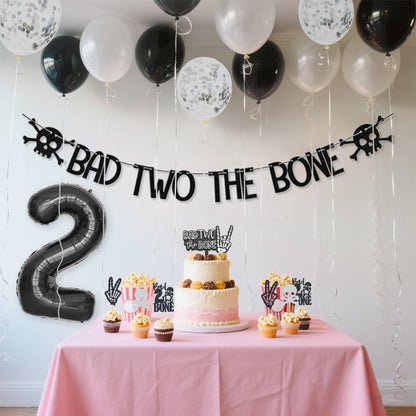 Bad Two The Bone Birthday Decorations,Include Banner Cake Toppers Cupcake Toppers,Party Music Themed Decorations with Balloons for Skeleton Rock and Roll Birthday(Black and White Balloons)
