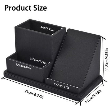 XNONE Pu Leather Desk Pen/Pencil Organizer Multi-Function Cell Phone/Remote Control Storage Box with 3 Compartments Office Supplies Sticky Note Tray Business Cards Holder,Black