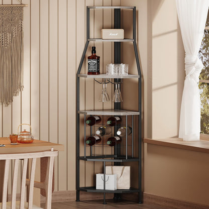 Espelism 5-Tier Corner Wine Rack Floorstanding with Glass Holder and Bottles Wine Storage Home Bar Furniture for Home Kitchen Dining Room Industrial Metal and Wooden Corner Shelf