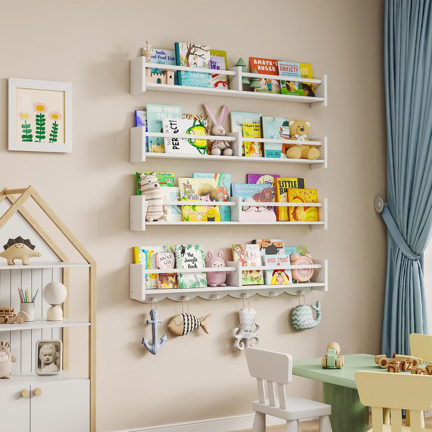 ECOOCE 34Inch Nursery Bookshelves,Set of 4,Wall Floating Shelf Kids Coat Rack with 6Hooks,Hanging Book Shelf for Baby Nursery Room Décor ，Patent Number: 29958098(White, 34)