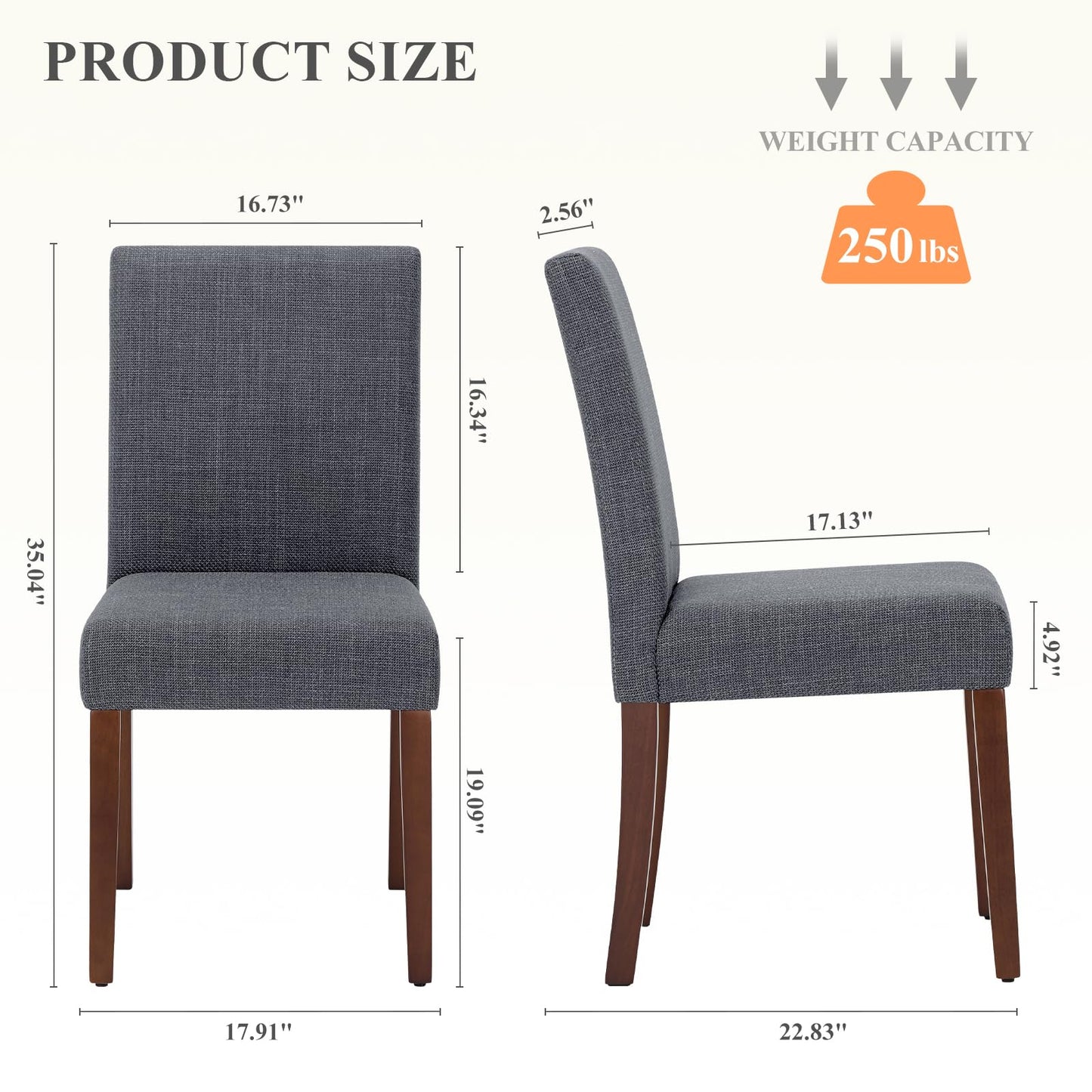 Upholstered Parsons Dining Chairs Set of 2, Modern Dining Room Chairs with Back, Fabric Kitchen Side Chairs with Wood Legs for Dinner Farmhouse Restaurant, Dark Grey
