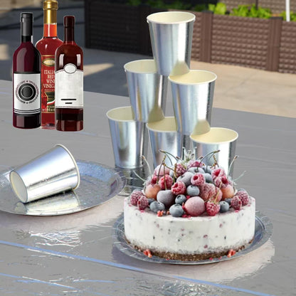 201-piece disposable party tableware set with paper plates, cups, napkins, straws, tablecloths, plastic knives, forks and spoons for a variety of party occasions for up to 25 people (Silver Star)