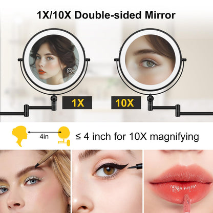 9" Wall Mounted Lighted Makeup Mirror,4000mAh Rechargeable Double Sided 1X/10X Magnifying Mirror with Light,3 Color Lights,Touch Dimmable,Extended Arm 360 Rotation Wall Mounted Makeup Mirror