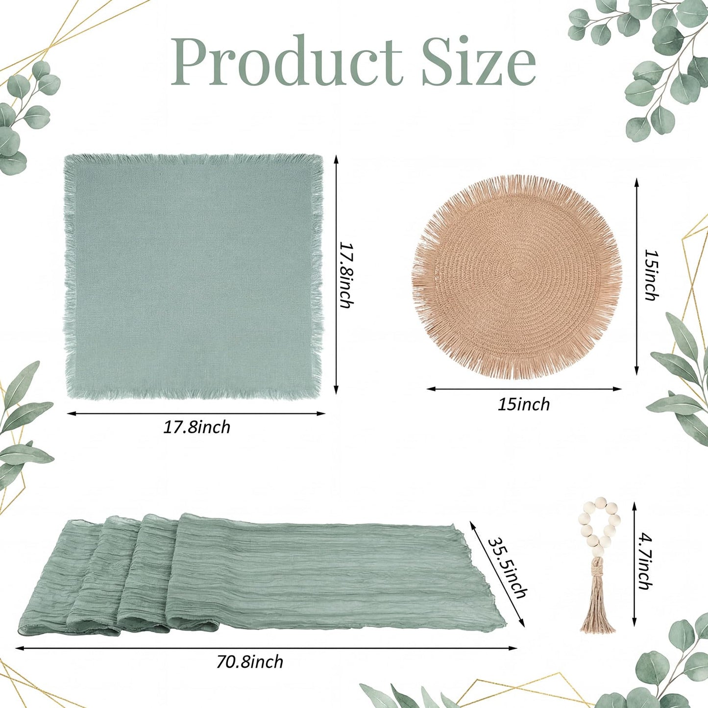 Frienda Set of 6 Boho Table Placemats Round Woven Place Mats Matching Linen Textured Napkins Wood Bead Napkin Rings and 1 Pcs Sage Green Table Runner for Home Farmhouse Kitchen Dining Natural Decor