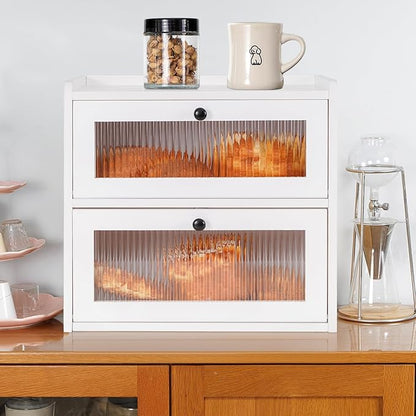 Sunhoo Bread Box for Kitchen Countertop Wooden Bread Storage Container Bin 2 Layer Breadbox Holder Large Capacity Keeper Vintage Farmhouse Food Organizer Pantry Shelf Acrylic Window (White)