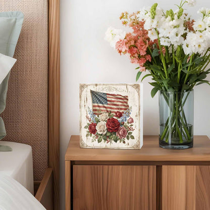 Independence Day Wood Box Sign Desk Decor, Retro American Red White Pink Rose Blue Flowers Decorative Wooden Block Box Sign Decorations for Home Office Shelf Table Decor 6x6 Inches