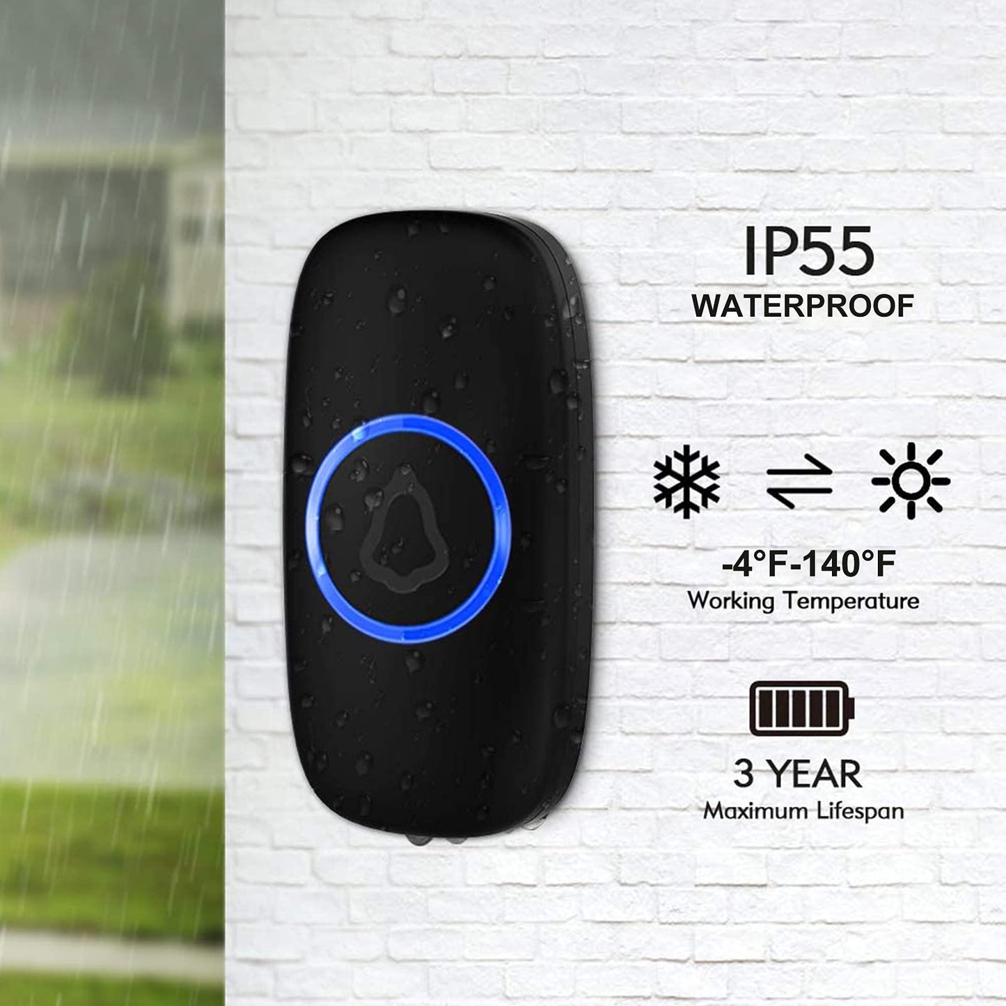 Wireless Doorbell, SECRUI Door bell Over 1000ft Coverage with 2 Plug-In Receivers, 1 Waterproof Push button, 52 Chimes, 110dB loud Sound Colorful LED Flash