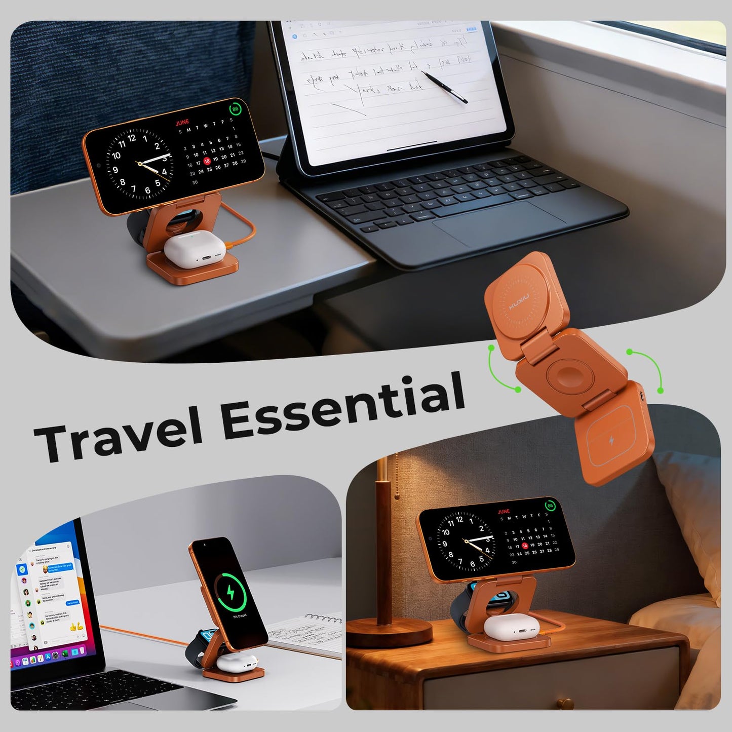 KU XIU QI 2.2 25W 3-in-1 Charging Station for Apple Device, Foldable Magnetic Charger for iPhone 17/16, 5W for Apple Watch & AirPods, Fast Travel Wireless Charging Stand with 45W Adapter