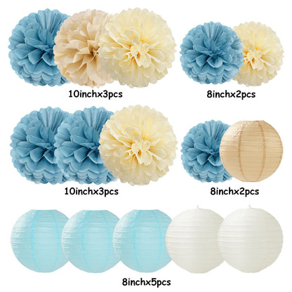 Dusty-Blue Champagne Party-Decorations Paper-Flowers Lanterns - 15pc Boho Beige Gold Tissue Pom Poms Streamers,Birthday Bachelorette Bridal Baby Shower Engagement Wedding Graduations Decor Panduola