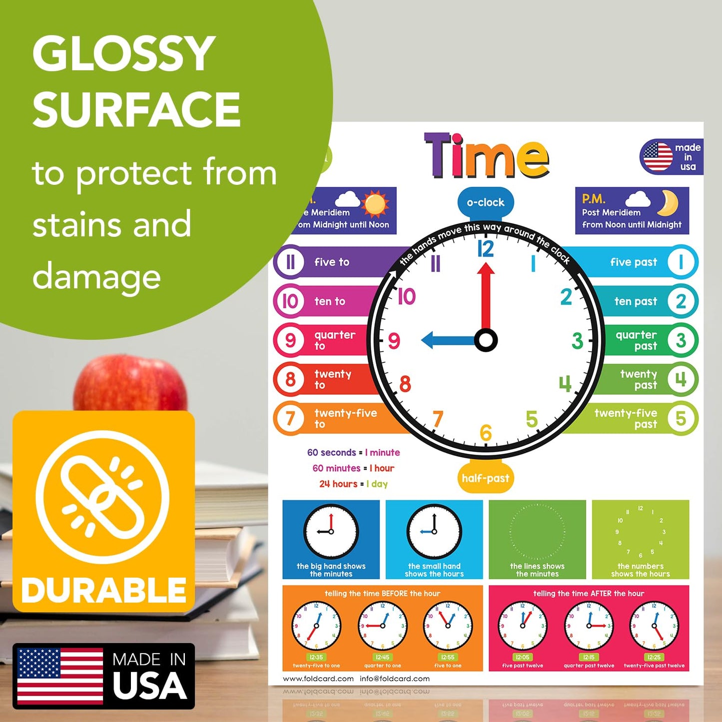 Time Chart for Preschool to Grade 1 Kids – Learn How to Tell the Time – Colorful Educational Visual/Learning Aid Poster for Classroom or Home | Glossy Durable Cardstock | 8.5" x 11" | 5 per Pack