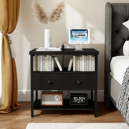Edbuosy 27 Inch Wide Night Stand with Charging Station, Wood Nightstand with Open Shelf, Large Drawer Bedside Table for Living Room/Bedroom/Office (Black)